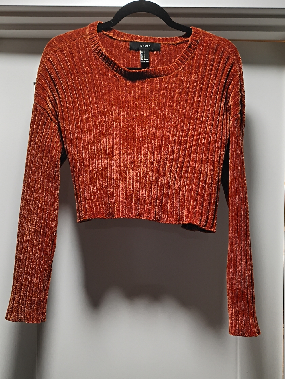 Forever 21 Burnt Orange Ribbed Velvet Cropped Long-Sleeve Top